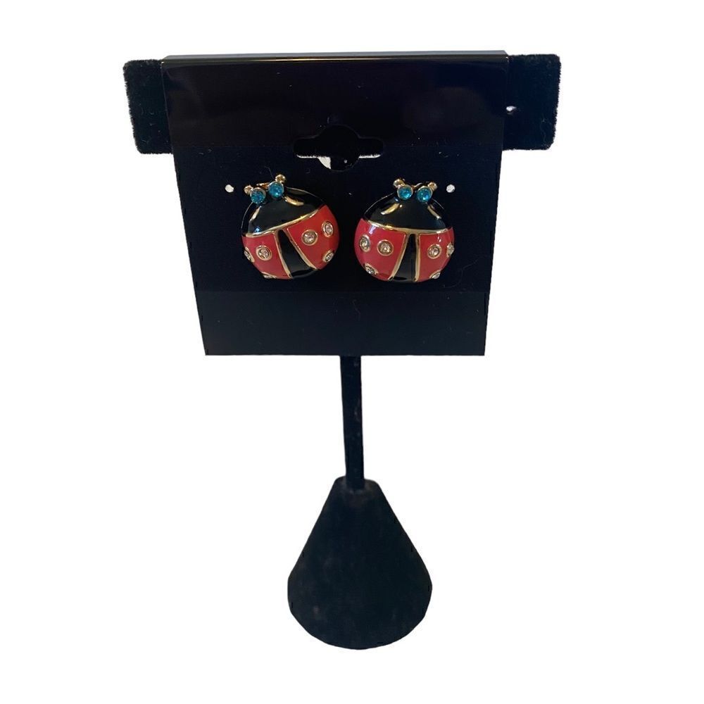 Adorable Lady Bug Earrings 🐞🐞Red, Black & Gold. 6 Crystals on body.